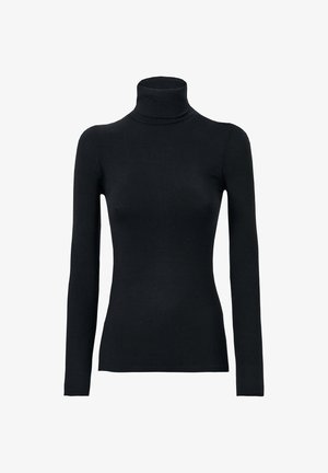 Maglia nera a maniche lunghe con colletto alto, realizzata in un tessuto liscio e elasticizzato. Presenta una silhouette aderente e un colletto alto senza decorazioni visibili.