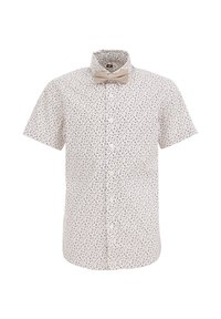 Camicia a maniche corte color crema con un piccolo motivo floreale blu navy. Presenta un colletto e un papillon beige abbinato, realizzati in tessuto leggero.