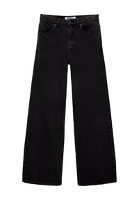 Schwarze weit geschnittene Jeans aus Denim mit hoher Taille, zwei vorderen Taschen und einem einzigen Knopfverschluss. Die Textur ist glatt mit minimalen Details.