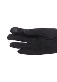 Guanto nero con un piccolo ricamo di un fiore sulla punta delle dita, mostrato appiattito su uno sfondo bianco.