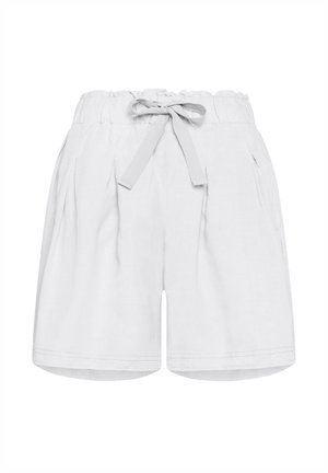 Pantaloni corti in lino bianco con elastico in vita e allacciatura frontale. Presentano pieghe frontali e una vestibilità ampia. Tessuto liscio, design casual.