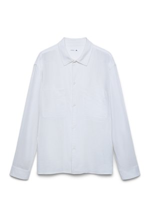 Camicia bianca a maniche lunghe con bottoni, due tasche sul petto e colletto, taglia XL, mostrata stesa su uno sfondo bianco.