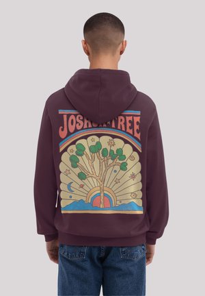 Maroon hoodie with an illustrative design featuring a Joshua tree, sun, and stars in yellow, green, red, and blue, centered on the back.