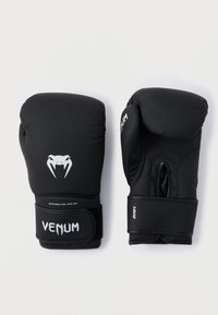 Mănuși de box negre din material sintetic cu finisaj neted. Prezintă un logo Venum, o curea pentru încheietură și un design căptușit pentru protecție.