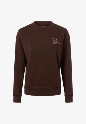 Brązowy dres wykonany z miękkiego materiału, z okrągłym dekoltem i długimi rękawami. Posiada biały, haftowany napis "Dobre Karma" na piersi.