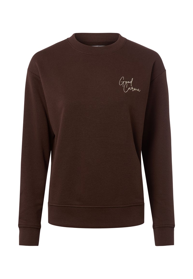 Brązowy dres wykonany z miękkiego materiału, z okrągłym dekoltem i długimi rękawami. Posiada biały, haftowany napis "Dobre Karma" na piersi.