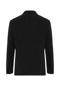 Schwarze Blazer aus glattem Stoff, mit klassischem Revers, langen Ärmeln und Knopfmanschetten, sowie einem einfachen, schlichten Rückendesign.