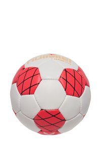 Pallone da calcio Hummel Classic Elite, bianco con accenti rossi e motivo a rete nera. Superficie testurizzata con logo visibile e pannelli esagonali.