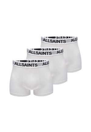 Drei Paar weiße Boxer-Briefs mit einem schwarzen Gummibund, auf dem vorne der Schriftzug "ALLSAINTS" steht, aus glattem Material.