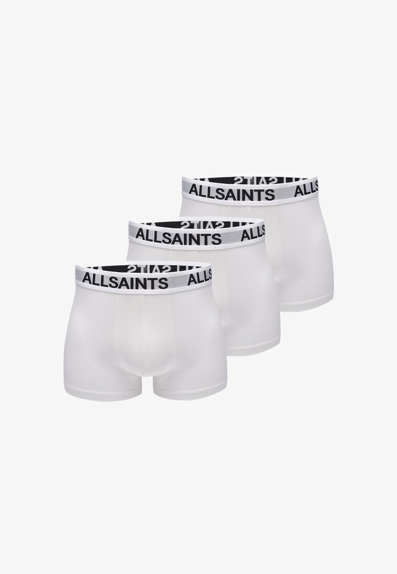 Trois paires de boxers blancs avec une ceinture élastique noire présentant le texte "ALLSAINTS" sur le devant, texture de tissu lisse.
