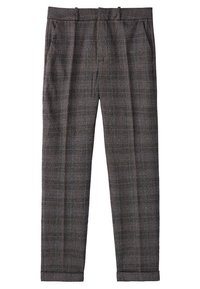 Pantalon à carreaux gris pour homme, coupé sur mesure, avec passants de ceinture, poches latérales, plis sur le devant et bas retroussés.