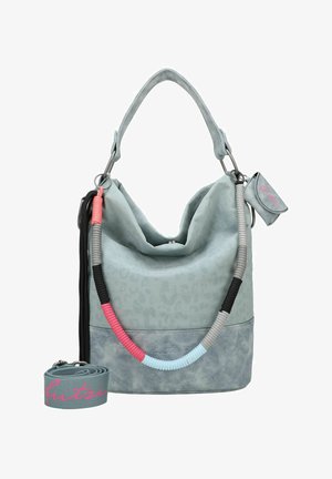 Light gray faux leather bag with a slouch design, leopard print texture, and colorful braided accents. Includes a matching strap.