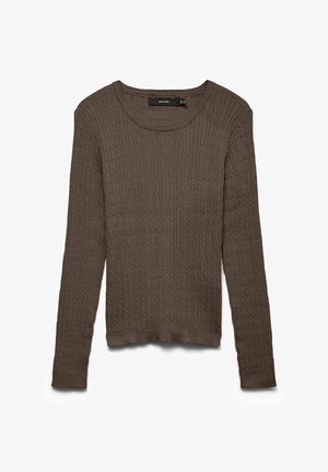 Bruine gebreide trui met lange mouwen, kabelpatroon, ronde halslijn en geribbelde boorden en zoom.