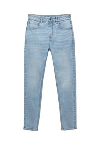 Jean slim bleu clair avec poches avant, passants de ceinture et fermeture par boutons, présenté à plat sur un fond blanc.