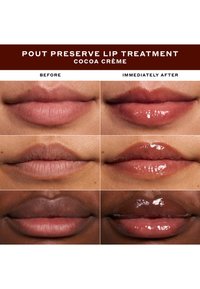 Tratamiento labial Pout Preserve en Cocoa Crème. Cuatro imágenes de labios muestran los resultados antes y después; diferentes tonos de piel, textura suave, acabado brillante.