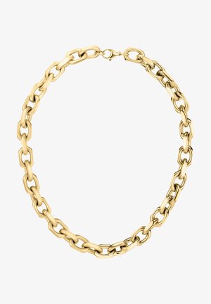 Gold metal chain necklace featuring elongated, interlocking links with a polished finish and a secure lobster claw clasp.