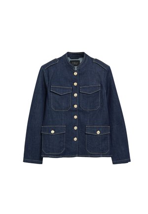Dunkelblaue Jeansjacke mit Stehkragen, vier aufgesetzten Fronttaschen und goldenen Knöpfen in der Mitte und an den Taschen.