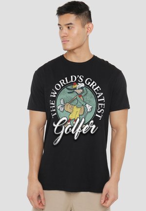 Black cotton t-shirt featuring a large graphic of a cartoon character with a golf bag, and the text "THE WORLD'S GREATEST Golfer" in bold.
