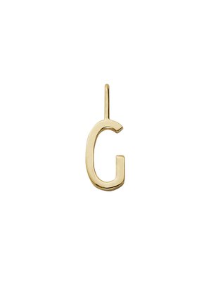 Metallisk vedhæng i guld farve formet som det store bogstav G med en lille løkke til at fastgøre til en kæde eller halskæde.