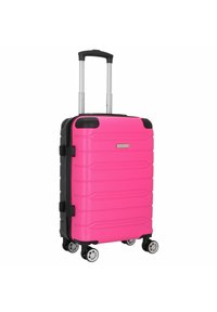 Valigia rigida rosa con superficie texturizzata, dettagli neri, manico telescopico e quattro ruote girevoli per una facile mobilità.