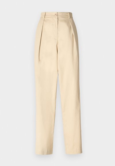 Beige tailored trousers with a high waist, featuring front pleats, a single button closure, and tapered legs. Made from a smooth fabric.