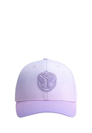 Purple baseball cap with an embroidered emblem on the front. Features a structured design, curved brim, and smooth texture.