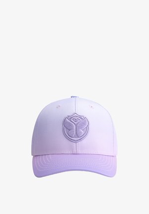Purple baseball cap with an embroidered emblem on the front. Features a structured design, curved brim, and smooth texture.