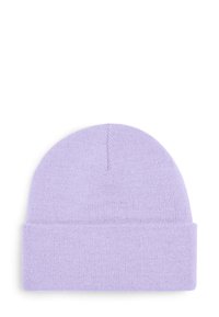 Light purple knitted beanie hat with a folded brim, shown flat against a white background.