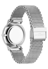 Zilveren mesh band horloge met een ronde kast, gepolijste afwerking en een glad, reflecterend oppervlak. Bevat een veilige sluiting en een minimalistisch ontwerp.