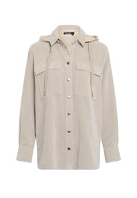 Beige corduroy shirt jacket with a hood, two front pockets, gold buttons, and long sleeves, featuring vertical ribbed texture.