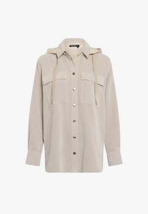 Beige corduroy shirt jacket with a hood, two front pockets, gold buttons, and long sleeves, featuring vertical ribbed texture.