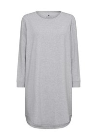Vestido gris de manga larga hecho de algodón suave. Presenta un escote redondo, dobladillo redondeado y un corte relajado, con detalles de costura sutiles.