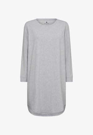 Grau langärmliges Kleid aus weichem Baumwollmaterial. Verfügt über einen runden Ausschnitt, einen abgerundeten Saum und eine lockere Passform, mit dezenten Stitching-Details.