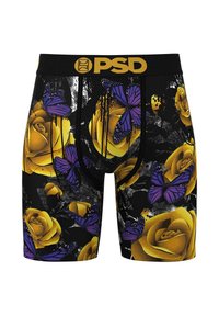 Boxer briefs da uomo realizzati in un tessuto elasticizzato, con una base nera decorata con rose gialle e farfalle viola, accentuati da un cinturino nero.