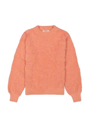 Rosa flauschiger Pullover mit langen Ärmeln und rundem Ausschnitt. Strukturiert mit einer weichen, fuzzy Oberfläche und gerippten Bündchen und Saum.