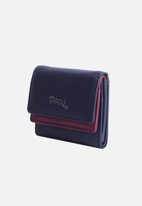 Navy blue and burgundy leather wallet with textured finish, featuring a flap closure and embossed logo. Compact, rectangular design.