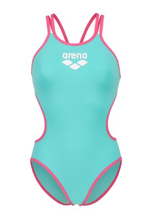 Turquoise badpak met roze accenten, met een racerback ontwerp en open zijkanten. Voorzijde met wit logo. Zachte, rekbare stof.