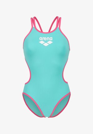 Turquoise badpak met roze accenten, met een racerback ontwerp en open zijkanten. Voorzijde met wit logo. Zachte, rekbare stof.