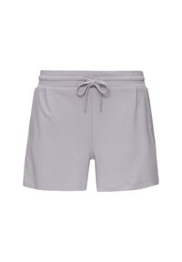 Pantaloni shorts grigi chiari realizzati in un tessuto morbido, con vita elasticizzata e cordoncino, due tasche laterali e una superficie liscia.