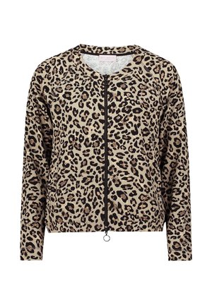 Leopard print bomber jacket in beige and black; features a zip front, round neckline, and long sleeves with ribbed cuffs. Soft fabric texture.