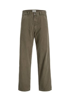Puuvillased khaki püksid sirge jala disainiga, vabalt langev istuvus, ees taskud ja peen tekstuur; omaduseks on silmkoelise sildiga vöö.