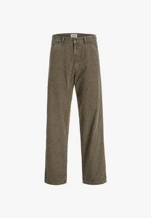 Bomulds khaki bukser med lige ben, afslappet pasform, frontlommer og en subtil struktur; har en talje med et mærke.