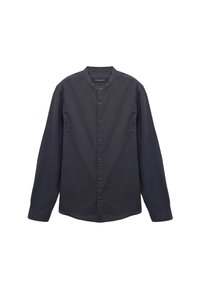 Donkergrijs bloe shirt met lange mouwen en een ronde kraag. Gemaakt van een gladde stof, met een sluiting met knopen aan de voorkant en geen patronen.