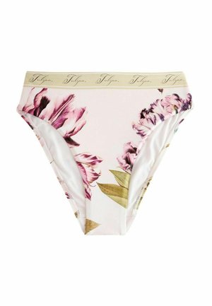 High-waist bikini bottoms with pink and purple tulip floral pattern and a beige waistband featuring repeated "Tulipa" script.