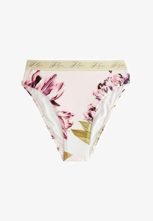Magas derekú bikini alsó rózsaszín és lila tulipán mintával, valamint bézs derékpánttal, amelyen ismétlődő "Tulipa" felirat szerepel.