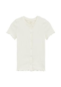 Kratka rukava, kardigan boje kreme s rebrastim uzorkom, s prednjim gumbima i rubovima u obliku salate na rukavima i rubu.