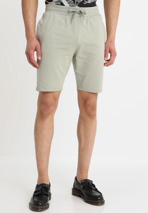 Hellgrüne Baumwollshorts mit einem elastischen Bund und Kordelzug. Knie-länglich, glatte Textur, kombiniert mit schwarzen Quastenloafers.
