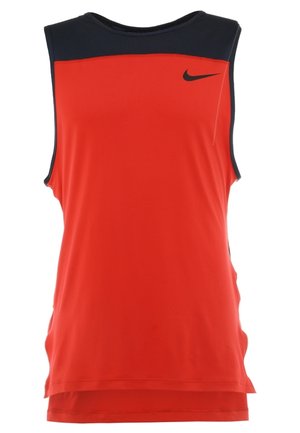Sleeveless athletic tank top with bright red body, black shoulder panel, and black Nike swoosh logo on upper chest.