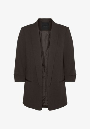 Mustan värinen blazer, jossa on viistot kaulukset, kolme neljäsosaa hihat ja kaksi etutaskua. Sujuva kangas, jossa on satiininen pinta sisäpuolella.