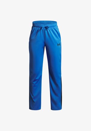 Mėlynos sportinės kelnės, pagamintos iš lygaus audinio, su elastine juosmens juosta ir raišteliu, juodais šoniniais akcentais. Priekyje yra Under Armour logotipas.